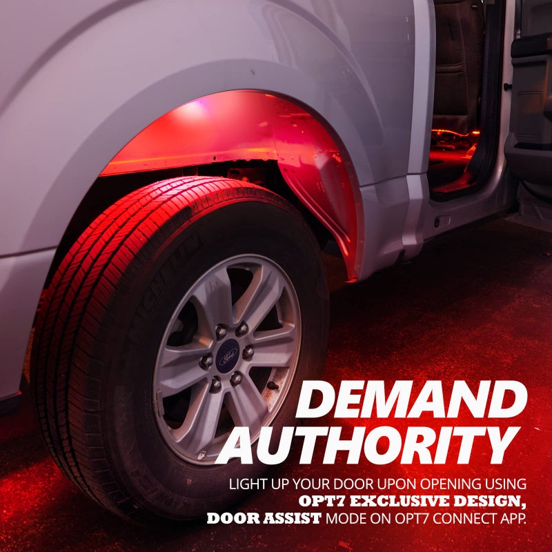 OPT7 أضواء الصخور LED RGBW من OPT7 Quantum Pro مع تطبيق بلوتوث وجهاز تحكم عن بعد، مجموعة إضاءة تحتية متعددة الألوان بزاوية واسعة 4 بودات مع سلك تمديد، مقاومة للماء IP68 للشاحنات والـ ATV والـ UTV والـ SUV. - Image 5